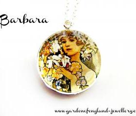 Art Nouveau Vintage Lady Barbara Necklace made with a glass cabochon and Tibetan Silver bezel, handmade