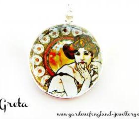 Art Nouveau Vintage Lady Greta Necklace made with a glass cabochon and Tibetan Silver bezel, handmade
