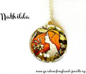 Art Nouveau Vintage Lady Mathilda Necklace made with a glass cabochon and Tibetan Silver bezel, handmade