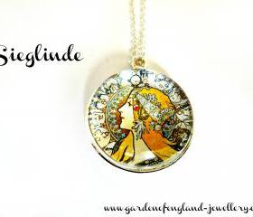 Art Nouveau Vintage Lady Sieglinde Necklace made with a glass cabochon and Tibetan Silver bezel, handmade